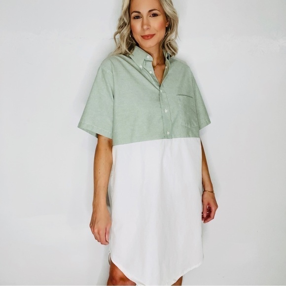 Poplin Patchwork Color Block Button Down Shirt Dress - Picture 2 of 7